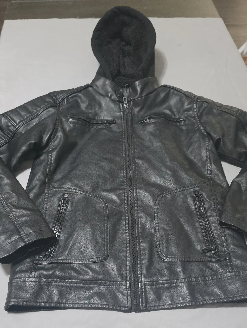 Kids Black Hooded Faux Leather Puffer Jacket